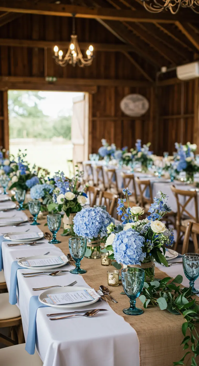 Blue hydrangea centerpieces on a burlap runner with blue glassware.