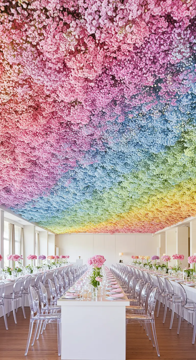 A ceiling covered in a rainbow gradient of flowers, from pink and blue to yellow.