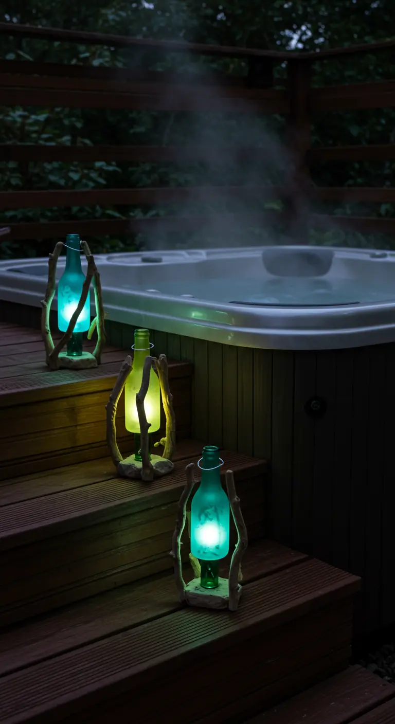 Colored sea glass bottle lanterns on the wooden steps leading to a hot tub.