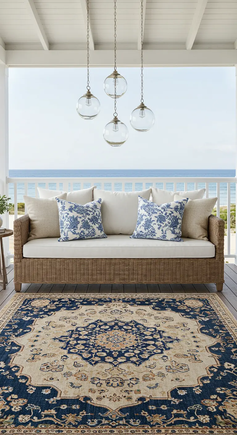 A coastal porch with a wicker sofa, blue and white floral pillows, and a large navy medallion rug.