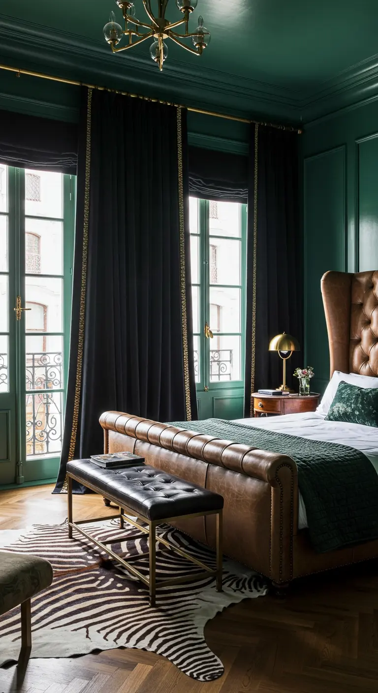 Hunter green bedroom with a brown leather bed and a zebra print rug.