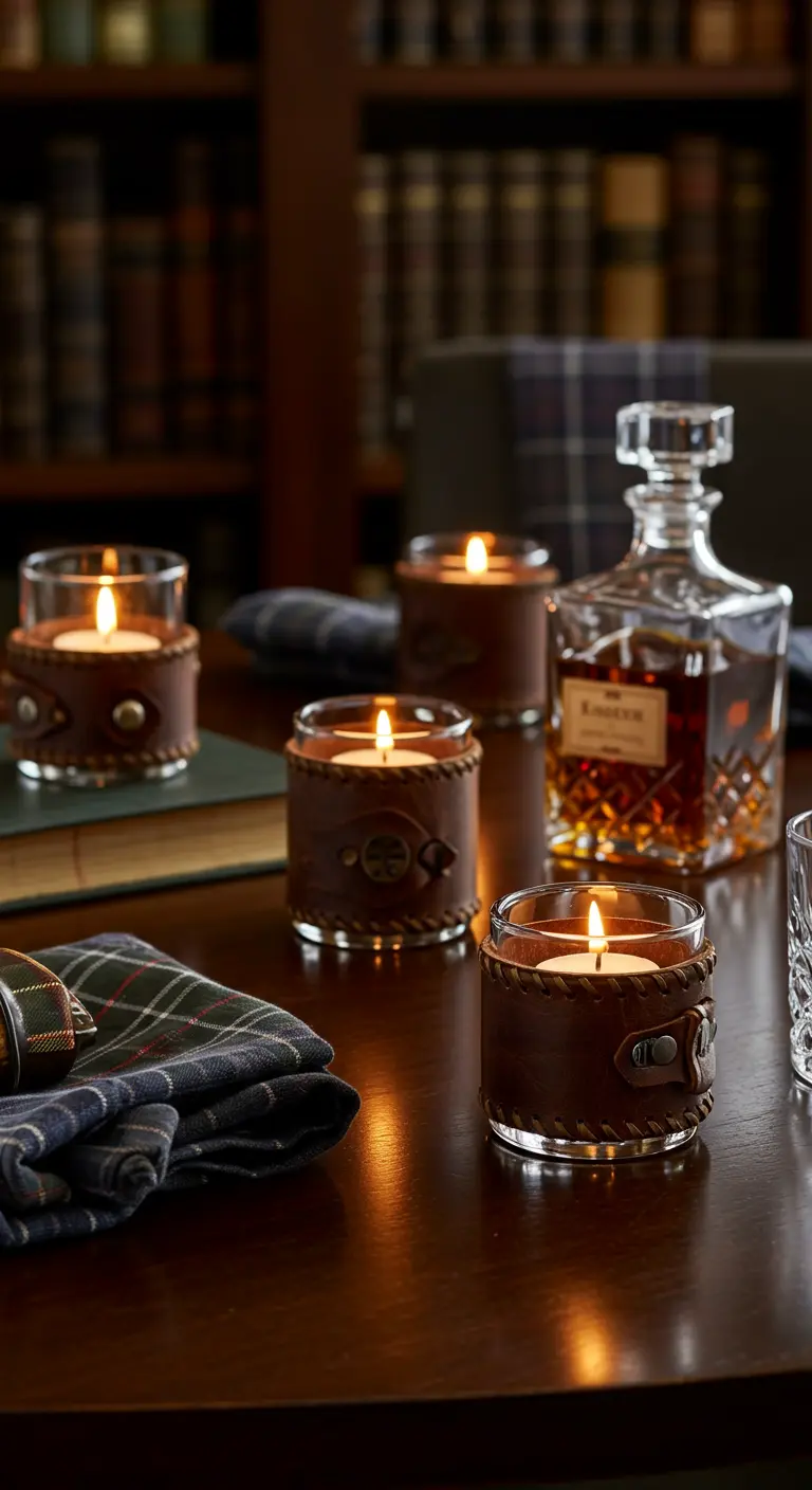 Glass votive candles wrapped in brown leather cuffs with buckle and snap details in a library.