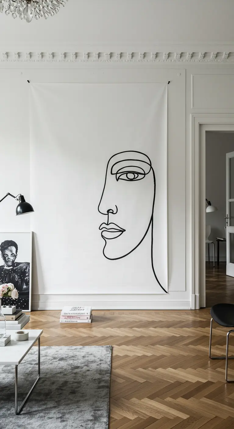 A large white canvas with a minimalist black line drawing of a face in a chic apartment.