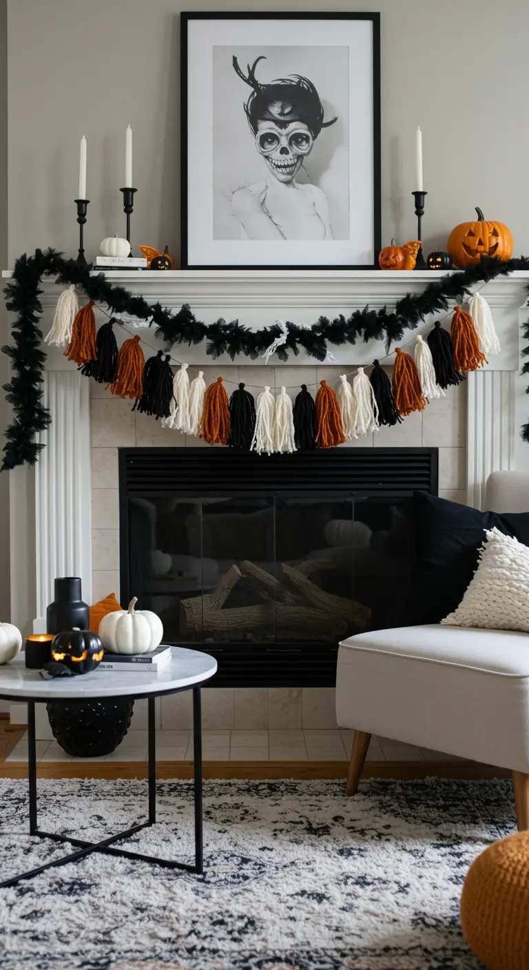 A fireplace mantel decorated for Halloween with a black, white, and orange tassel and feather garland.