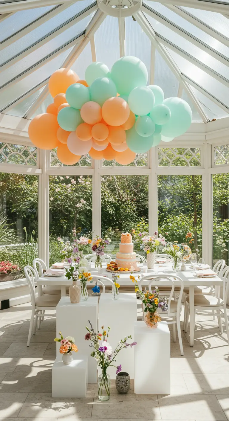 Peach and mint balloon cloud hanging in a sunlit conservatory over a party table.