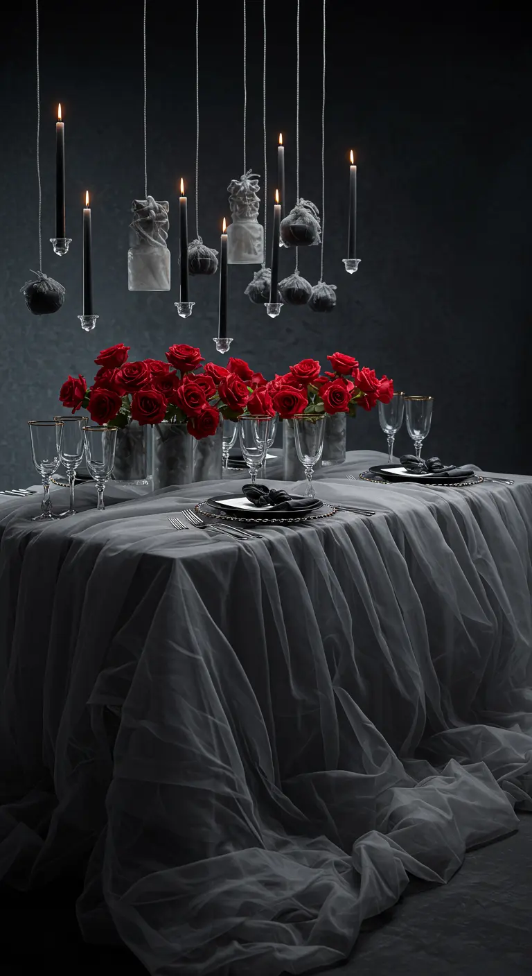 Table with red roses under hanging black candles and small white sculpted figures.