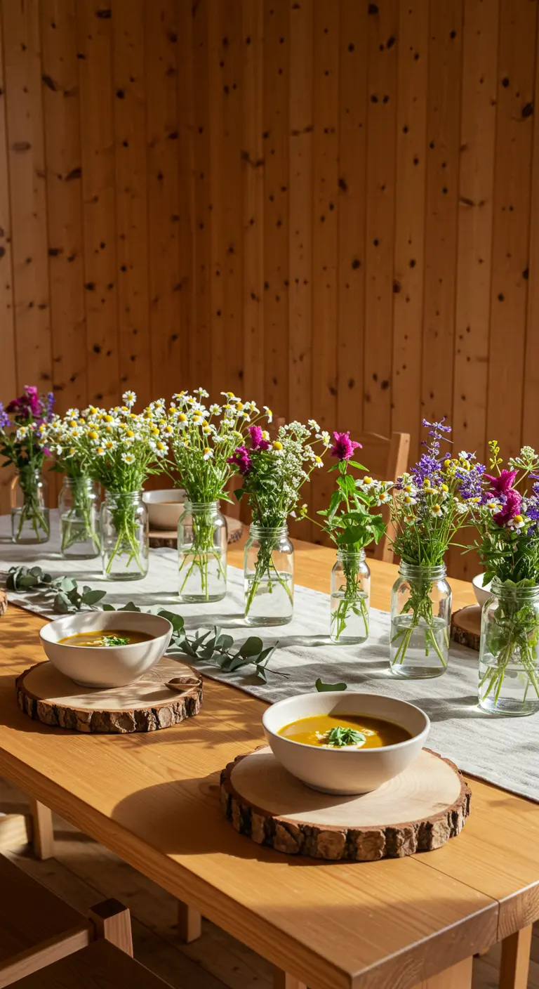 A rustic wooden table set with bowls of soup and wildflowers in glass jars.