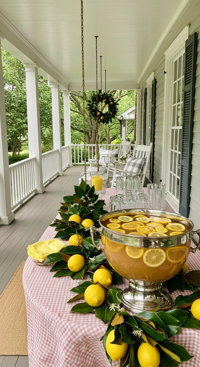 A porch party table with a gingham tablecloth, magnolia leaf garland, and a large punch bowl.