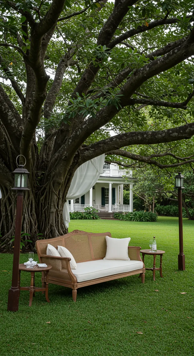 Caned teak sofa and tables set on a sprawling lawn under a large tree.