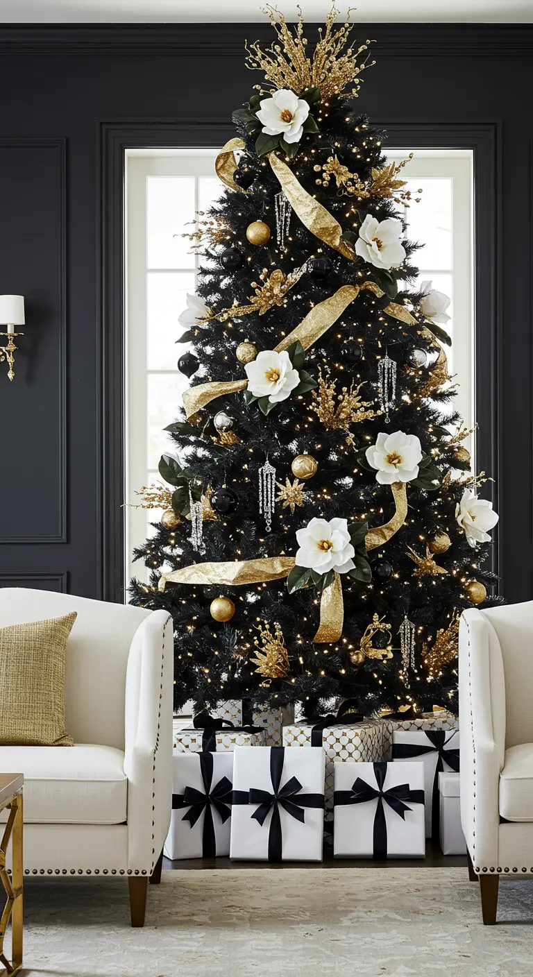Black Christmas tree decorated with large white magnolias and gold ribbon.