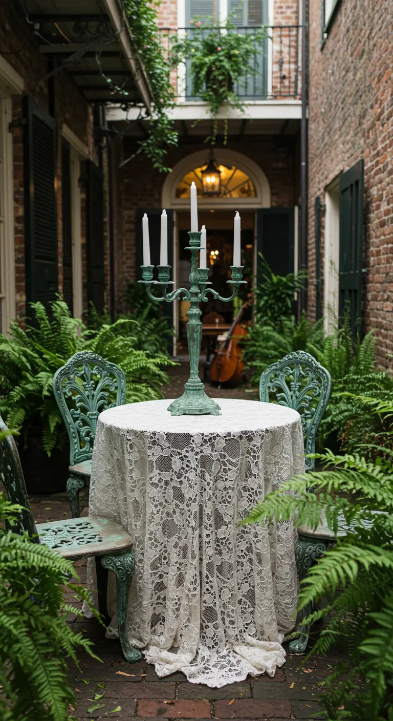 A vintage green patio set with a lace tablecloth and candelabra, nestled among lush ferns in a courtyard.