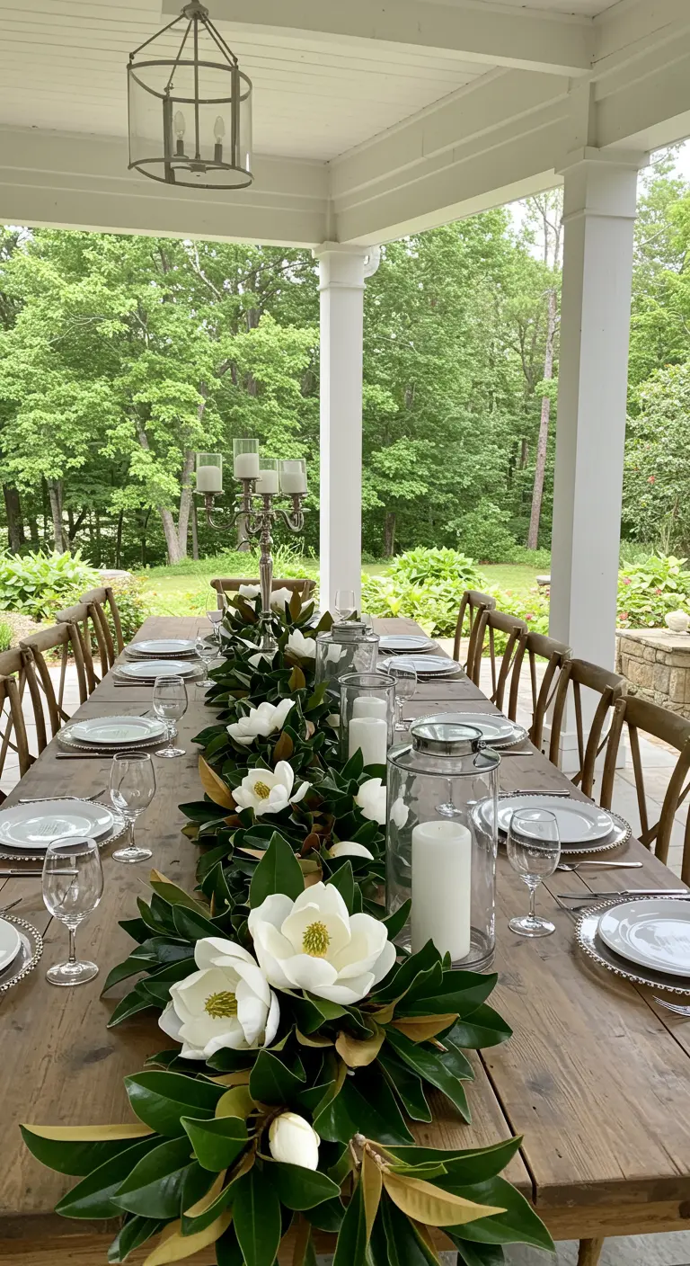 A rustic wooden table on a porch with a lush magnolia leaf and flower garland runner.