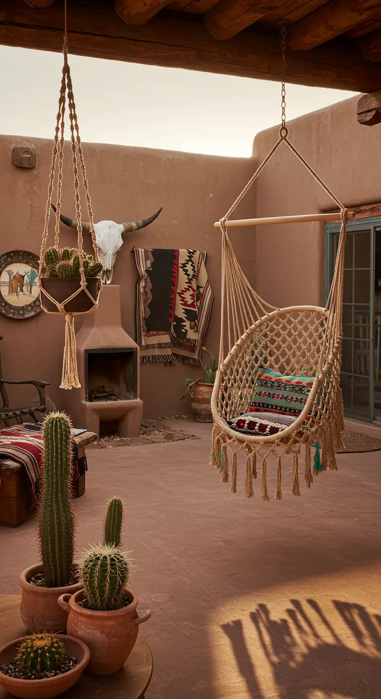 A natural macramé hammock chair in a Southwestern-style adobe patio with a kiva fireplace.
