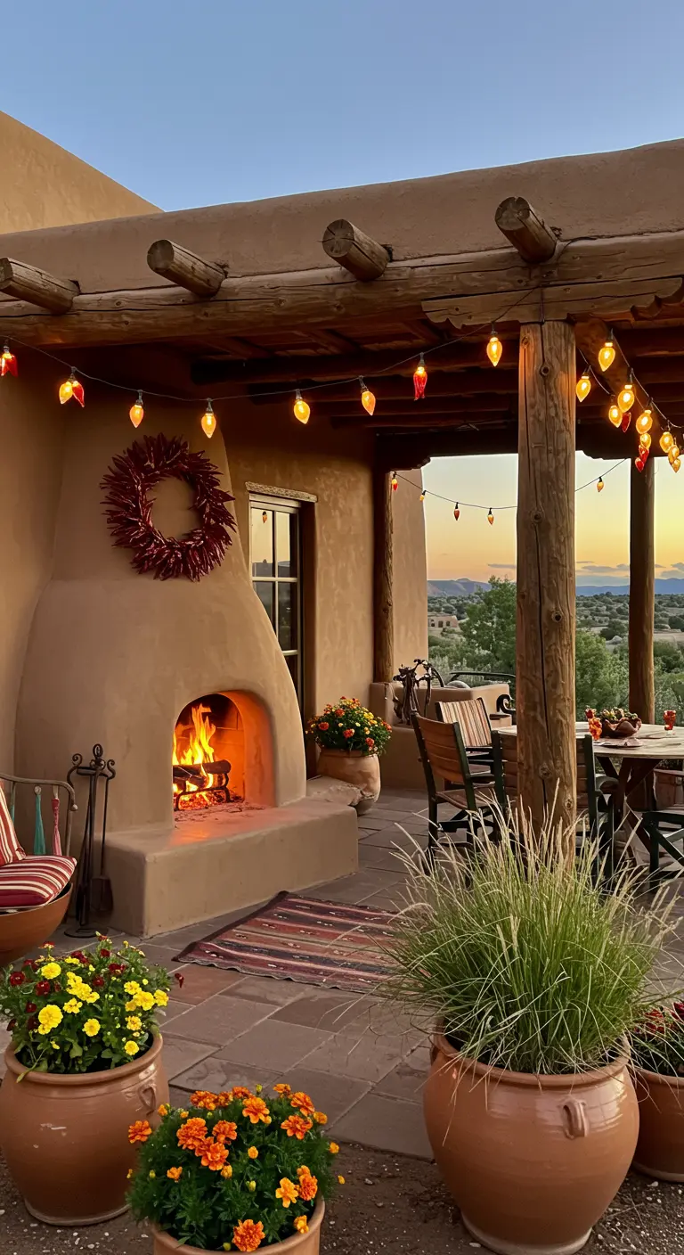 A southwestern patio with an adobe kiva fireplace and a wreath made of red chili peppers.