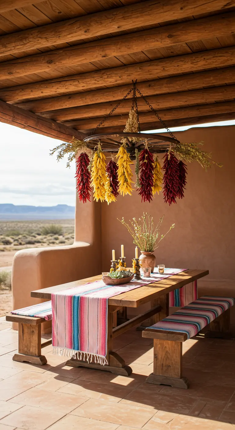 A wagon wheel chandelier decorated with hanging red and yellow chili peppers on a rustic patio.