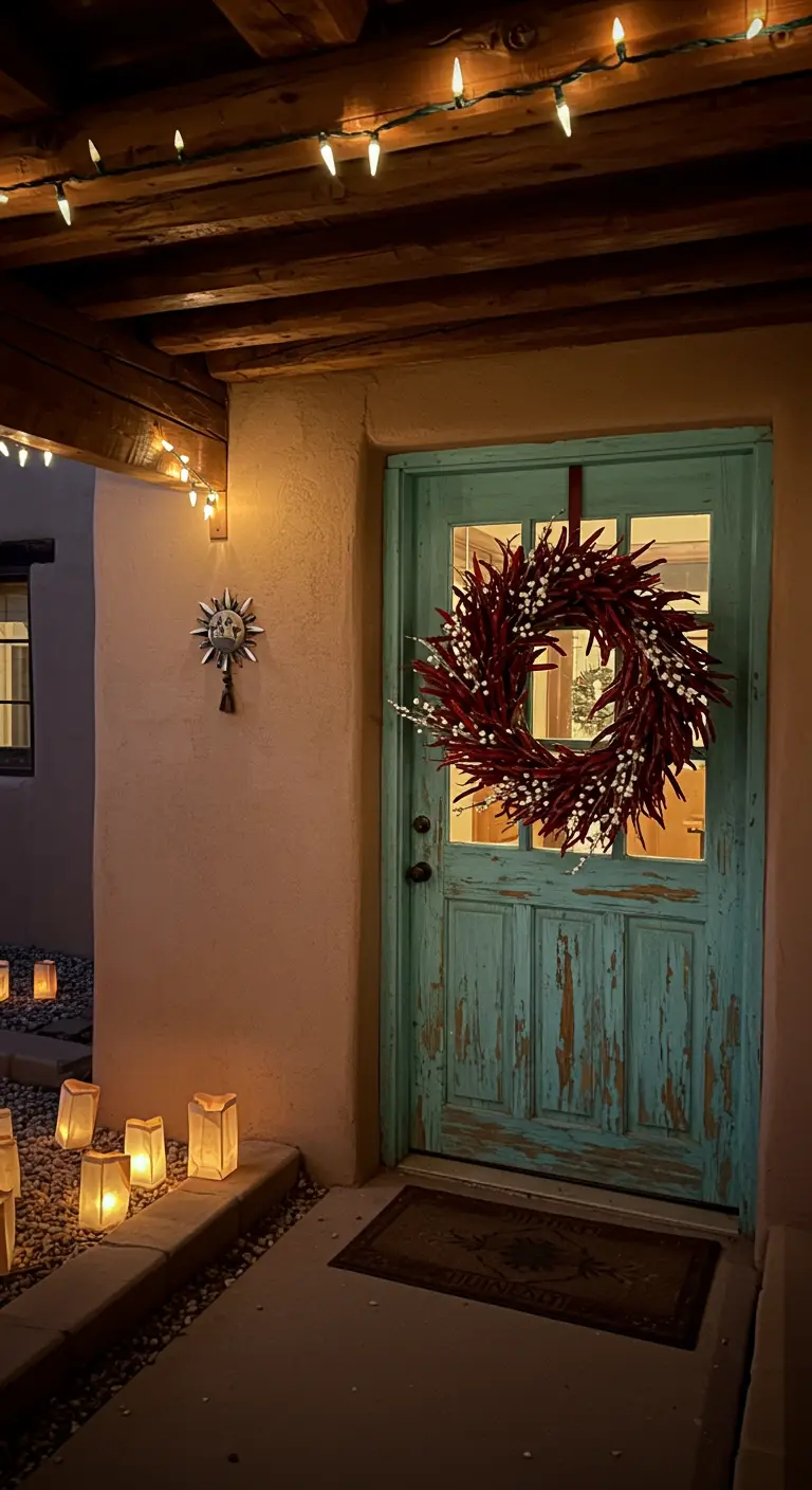 Southwestern home with a turquoise door, a chili wreath, and glowing paper bag luminarias.
