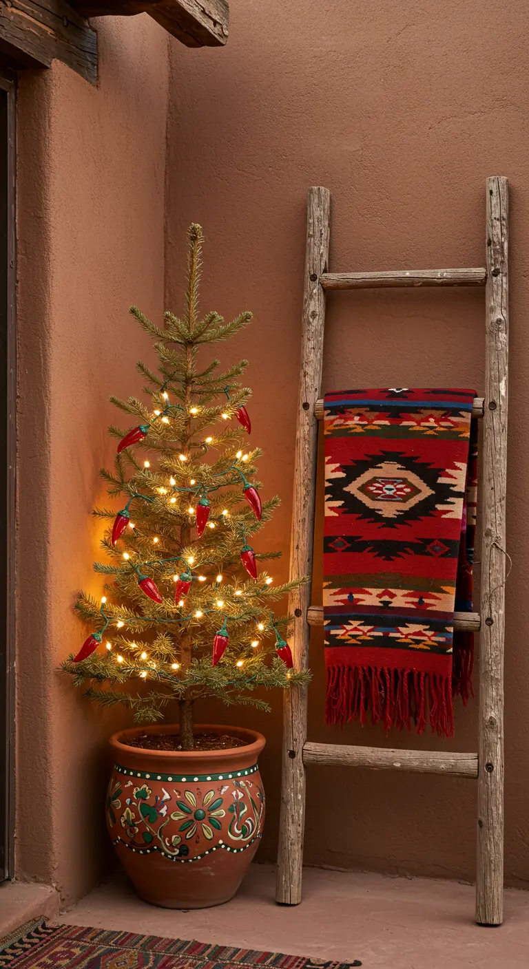 A mini tree in a painted pot decorated with chili lights, next to a ladder.