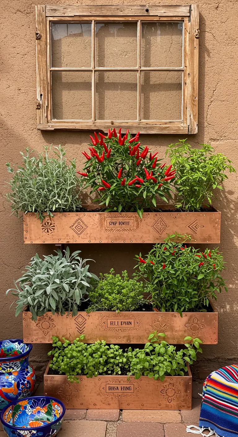 A window herb garden with embossed copper boxes holding chili peppers and herbs against an adobe wall.