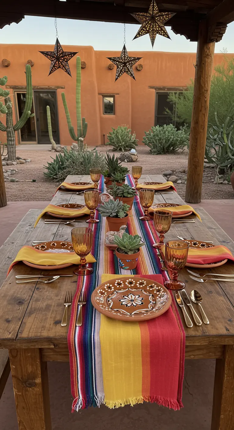 Southwestern table with a serape runner, succulents, and star lanterns.