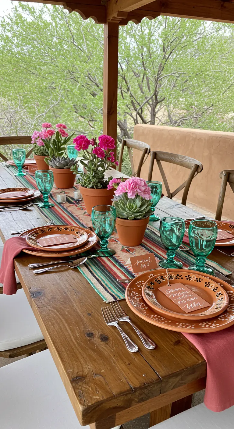 A rustic table on a porch with a colorful runner, terracotta plates, and potted pink flowers.