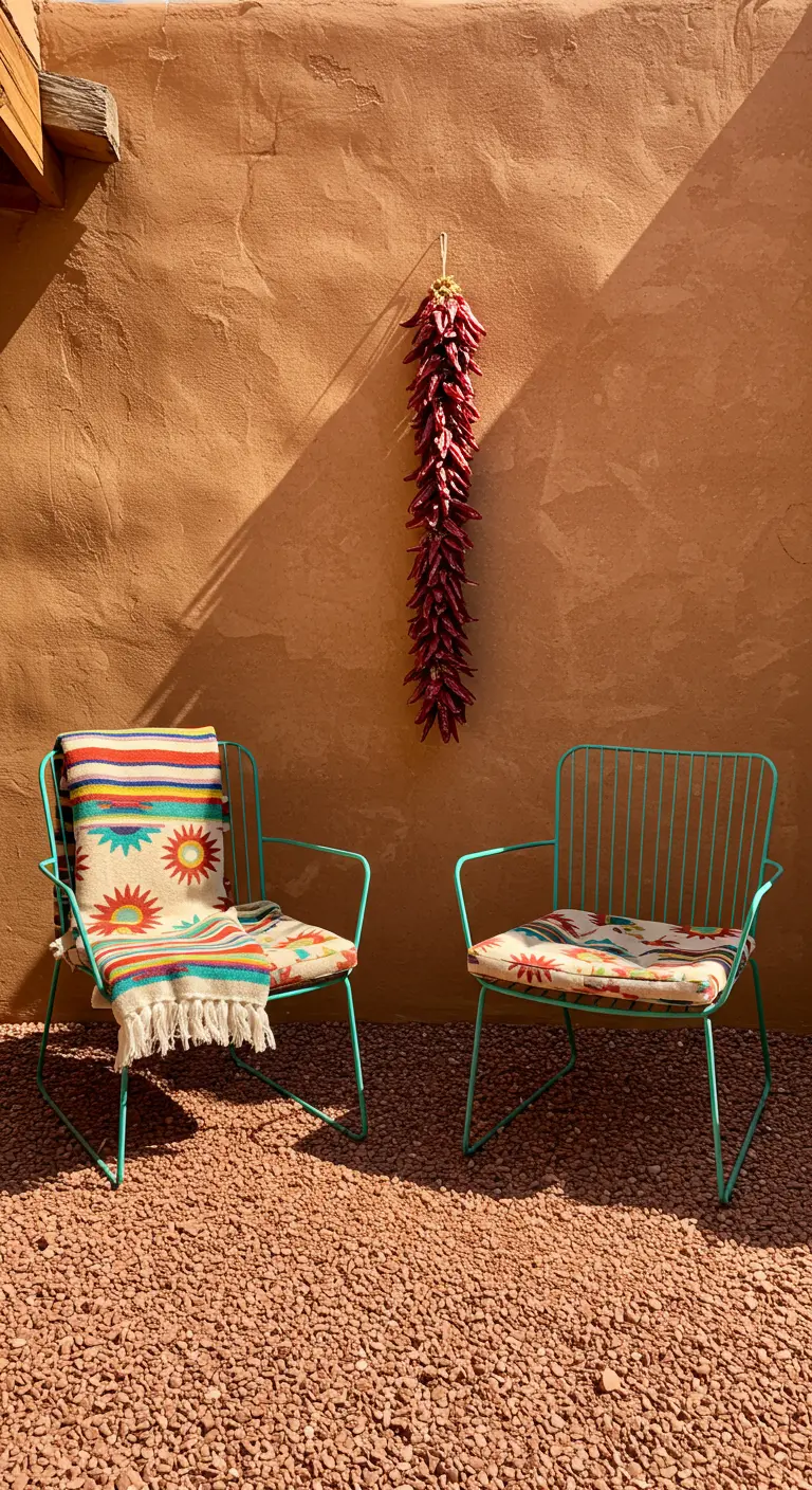 Two turquoise wireframe chairs on red gravel, one with a colorful Southwestern blanket, against a terracotta wall.