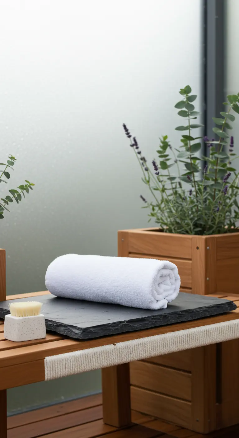 A close-up of a wooden bench with a woven rope seat, slate top, and a pot of lavender.