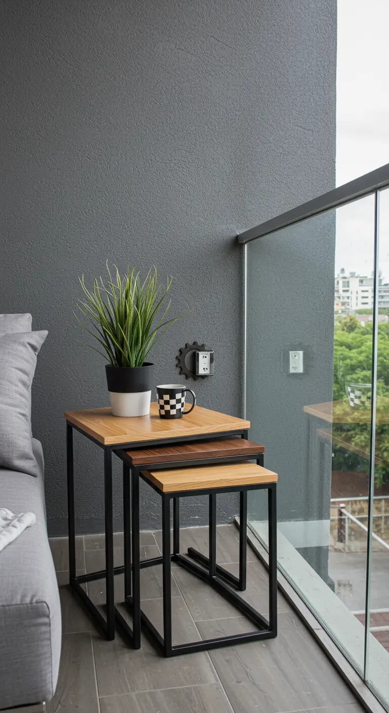 A trio of industrial-style nesting tables with black frames and wood tops on a grey balcony.