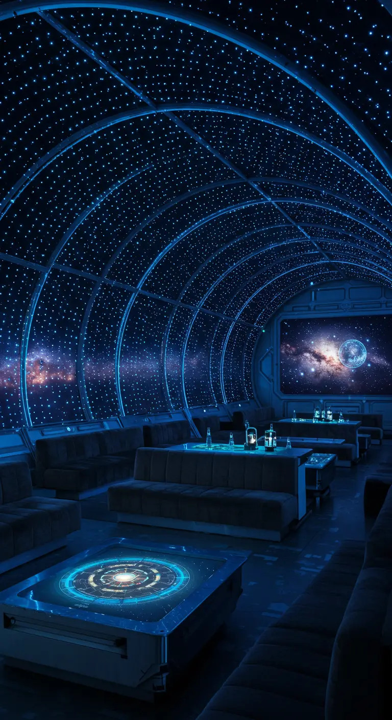 A futuristic lounge designed to look like the inside of a spaceship with blue lighting.