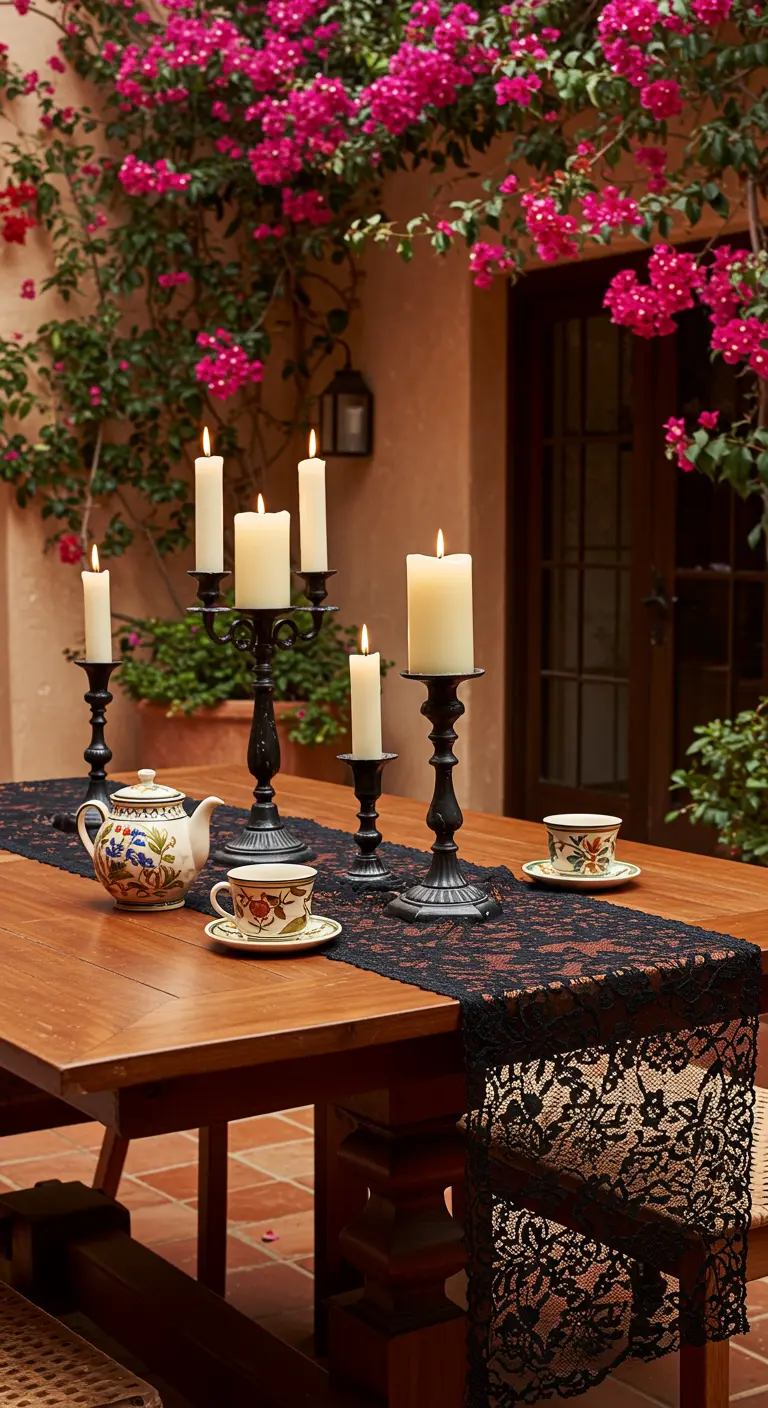 A rustic wooden table in a courtyard with a black lace runner and black wrought iron candlesticks.
