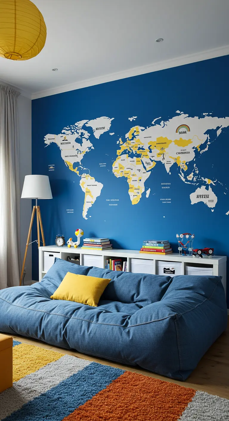 Child's room with a blue accent wall featuring a large white and yellow world map decal.