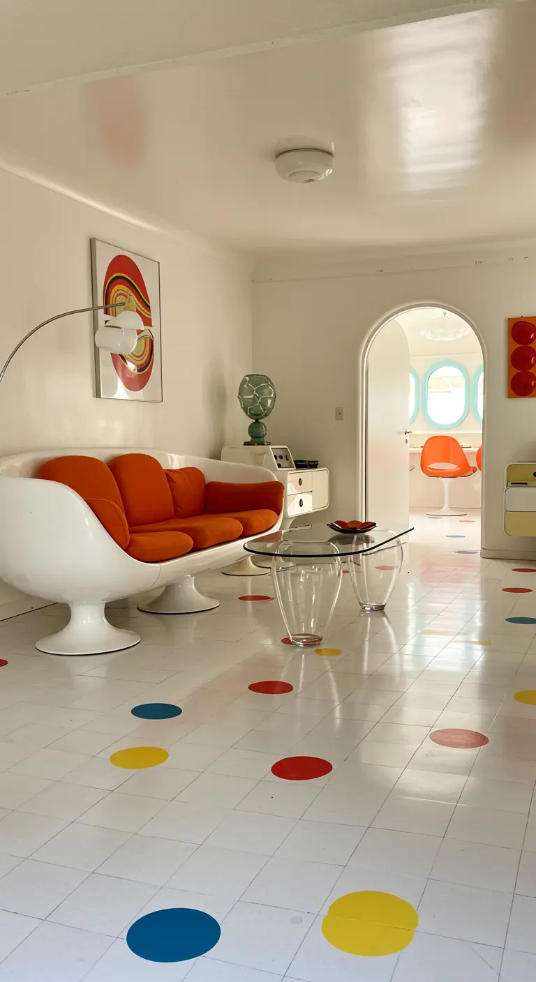 A retro-futuristic white room with colorful polka dots on the floor and a white globe sofa.