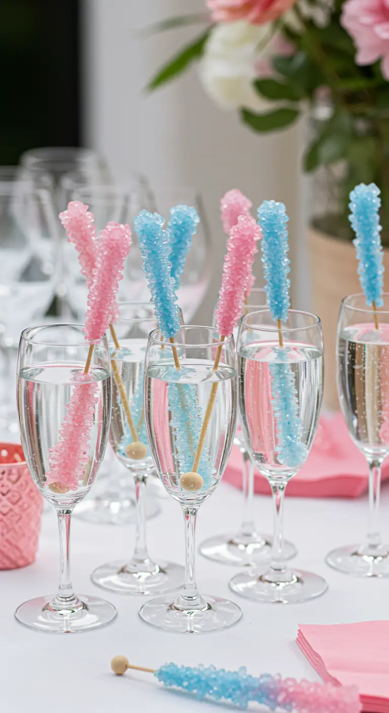 Champagne flutes with pink and blue rock candy sticks as stirrers.
