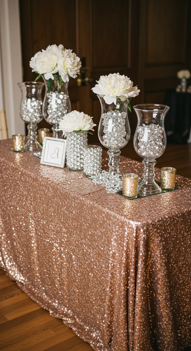 A rose gold sequin tablecloth with glass vases filled with acrylic crystals and white flowers.