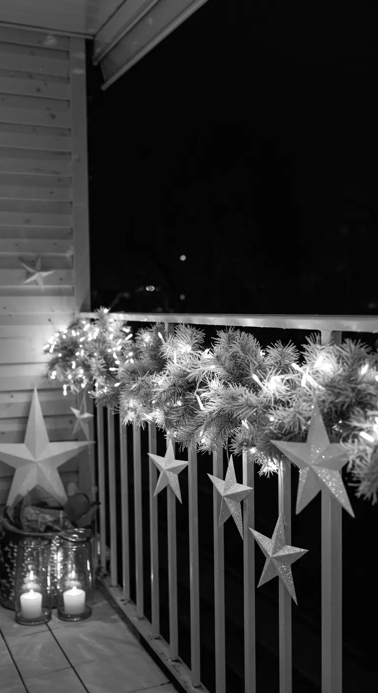A black-and-white photo of a balcony with a white garland and hanging silver stars.