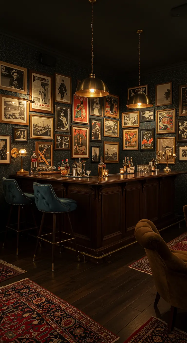 Dark, elegant home bar area with a gallery wall of vintage black and white framed posters and a wooden bar.