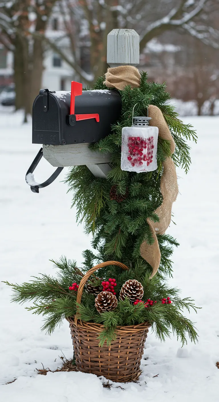 A mailbox decorated for winter with evergreens, a basket, and an ice lantern with red berries.