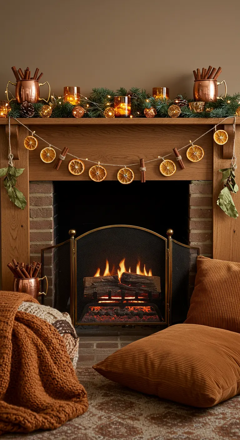 Autumnal mantel with a dried orange slice garland, cinnamon sticks, and copper mugs.
