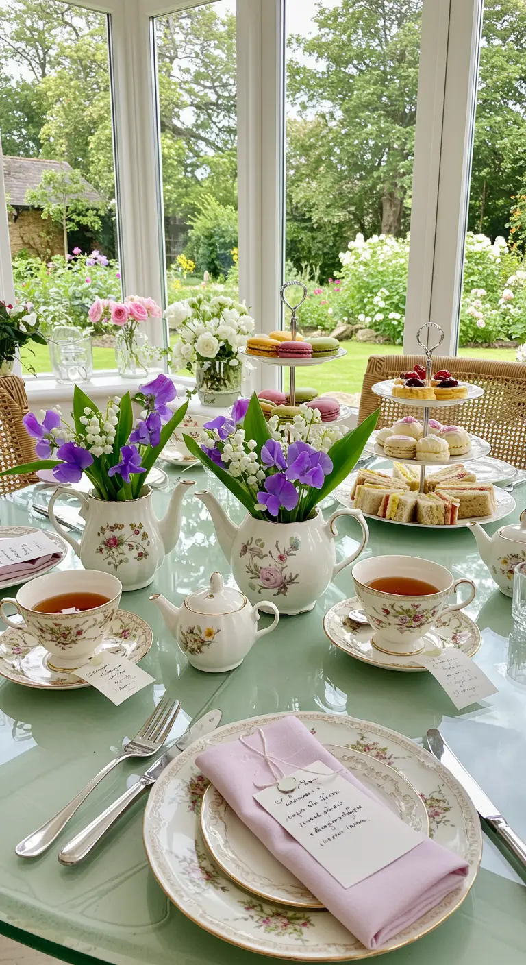 Afternoon tea setup with floral teapots used as vases and handwritten place cards.