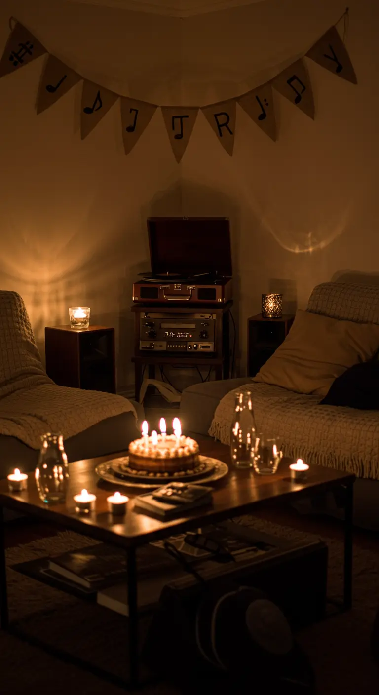 A dimly lit room with a record player, a birthday cake, and a banner with musical notes.