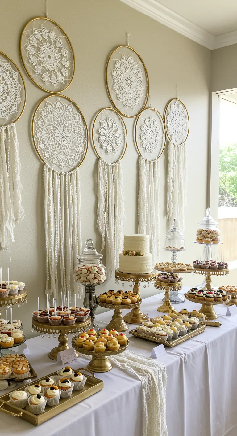 A dessert table backed by DIY lace doily dreamcatchers hanging on the wall.