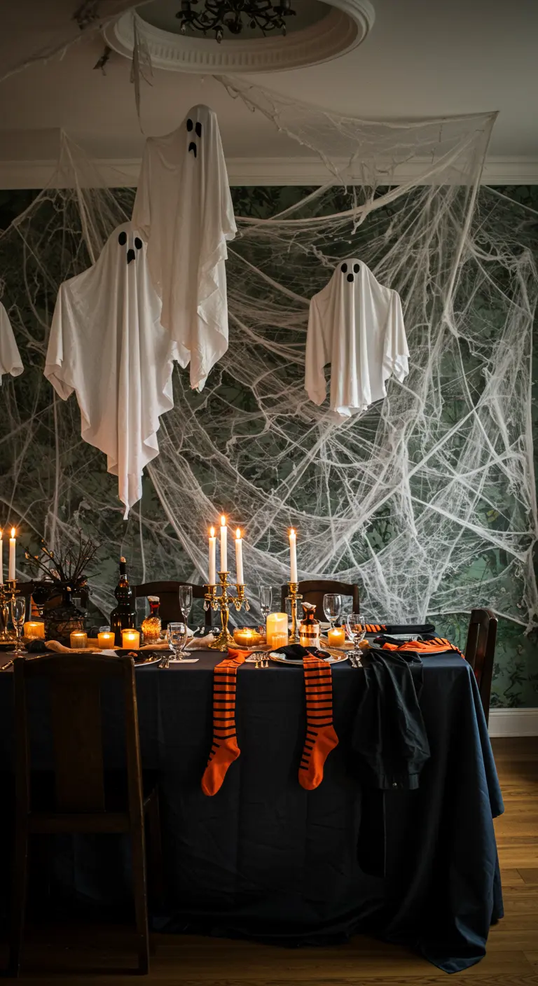 Ghosts made from white sheets hanging from a ceiling for a Halloween party.