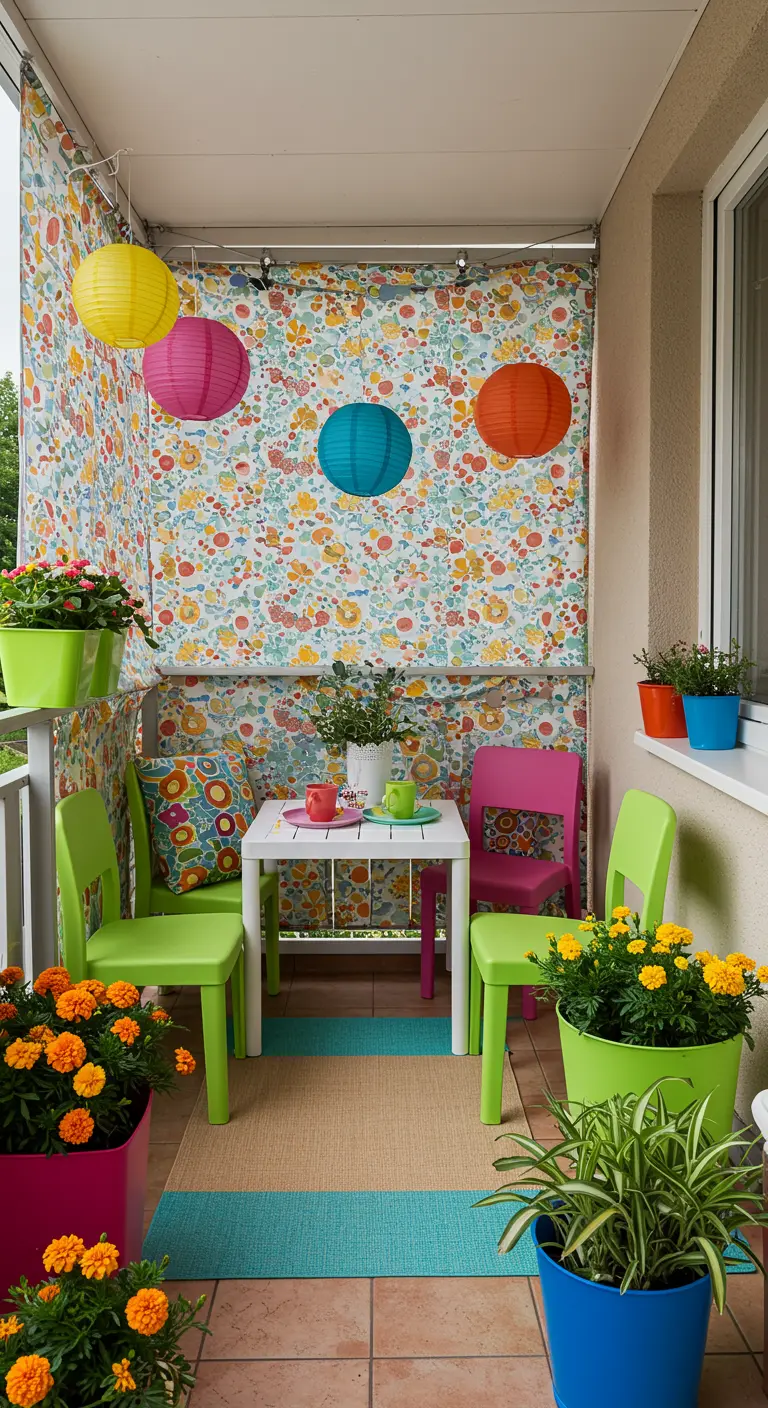A small, colorful balcony with bright green chairs, a patterned fabric screen, and paper lanterns.