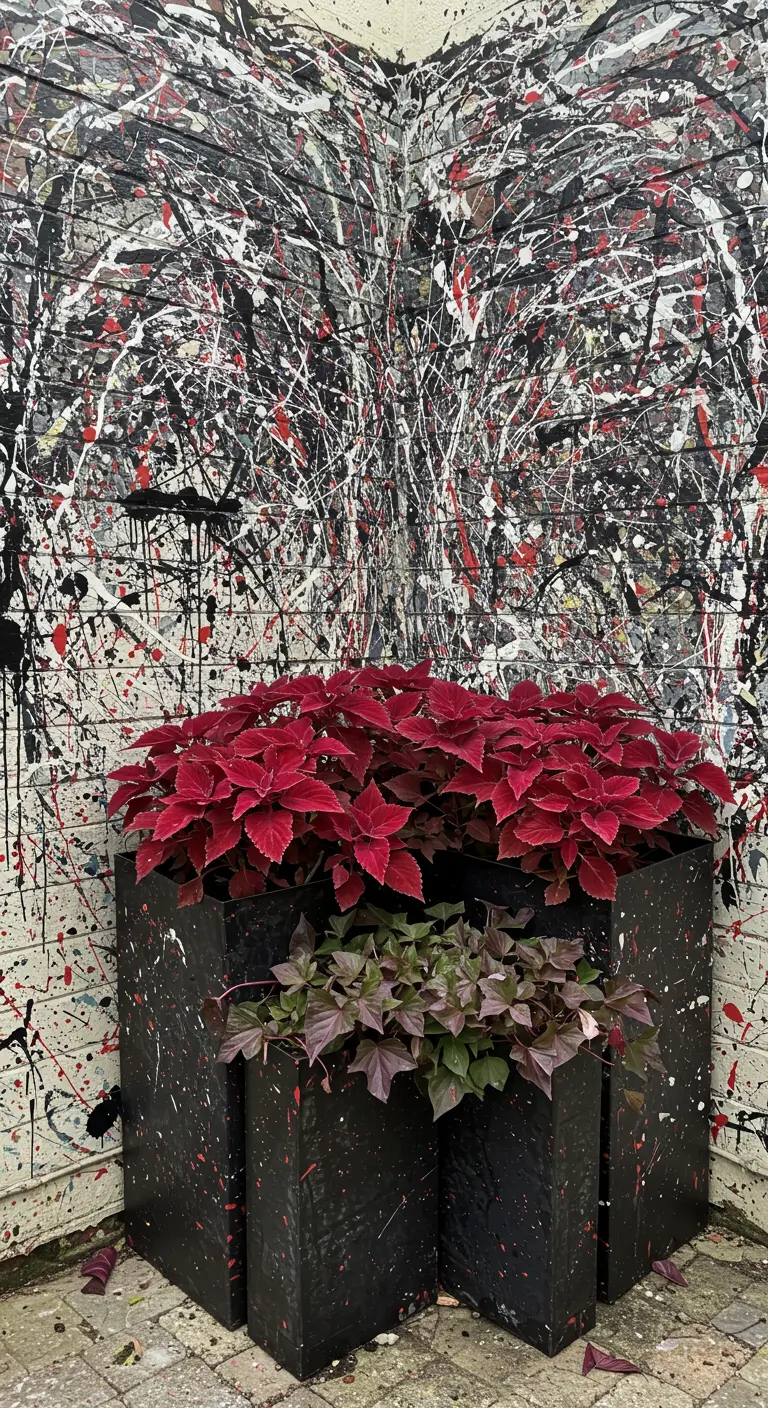 A paint-splattered abstract wall with black planters filled with deep red Coleus plants.