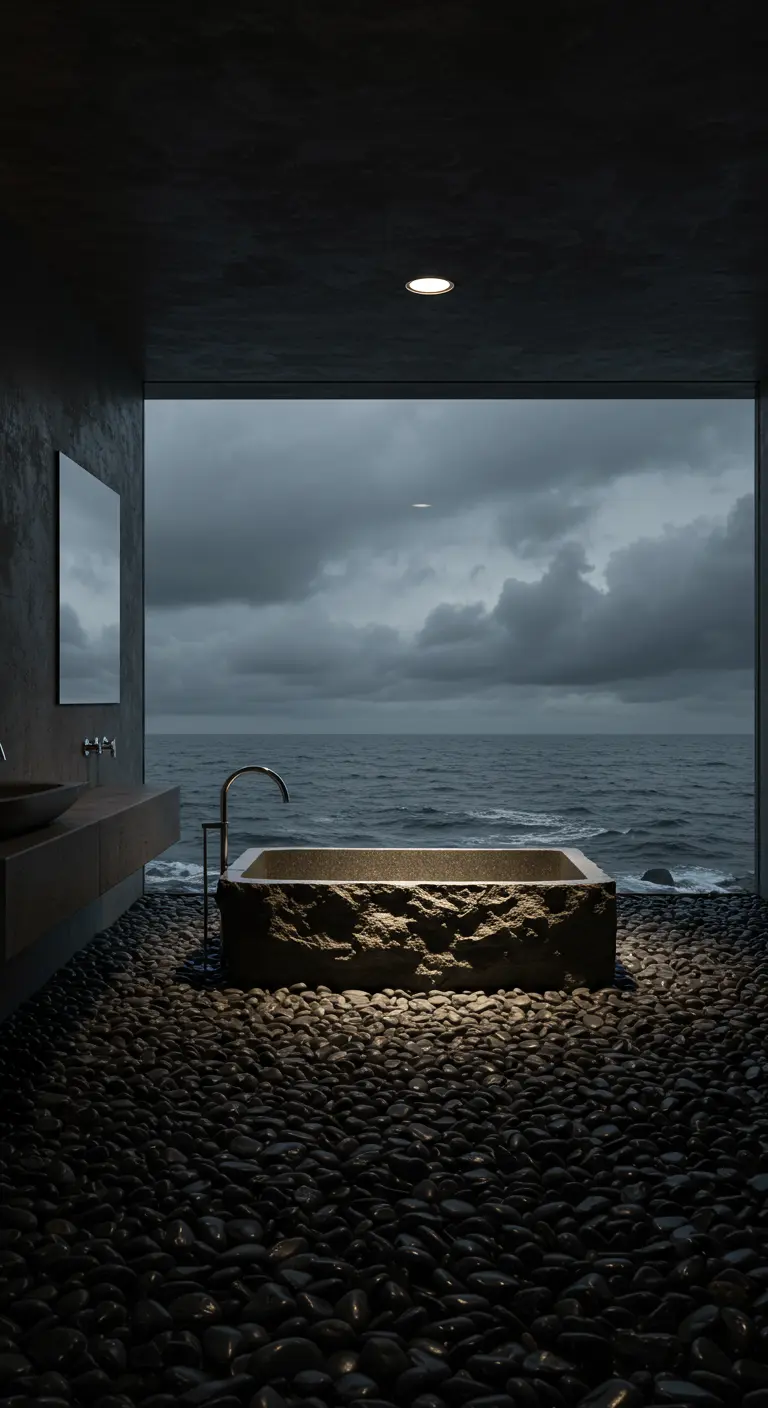 Dark bathroom with a rough-hewn stone tub illuminated from above, overlooking a stormy sea.