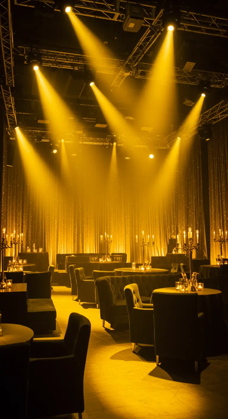 A dark event space with tables and chairs, dramatically lit by warm yellow spotlights from above.