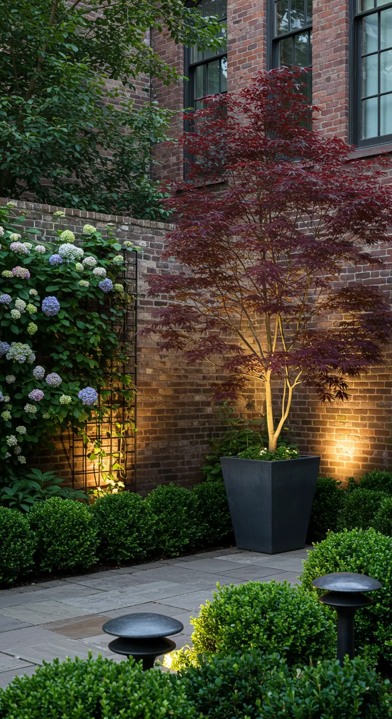 A brick courtyard at night with uplighting on a Japanese maple and a wall of hydrangeas.