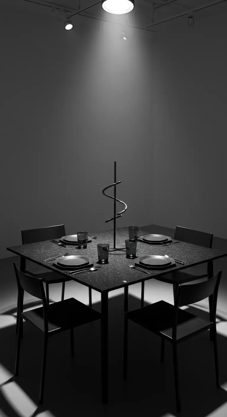 A minimalist black table with a spiral centerpiece under a single spotlight.