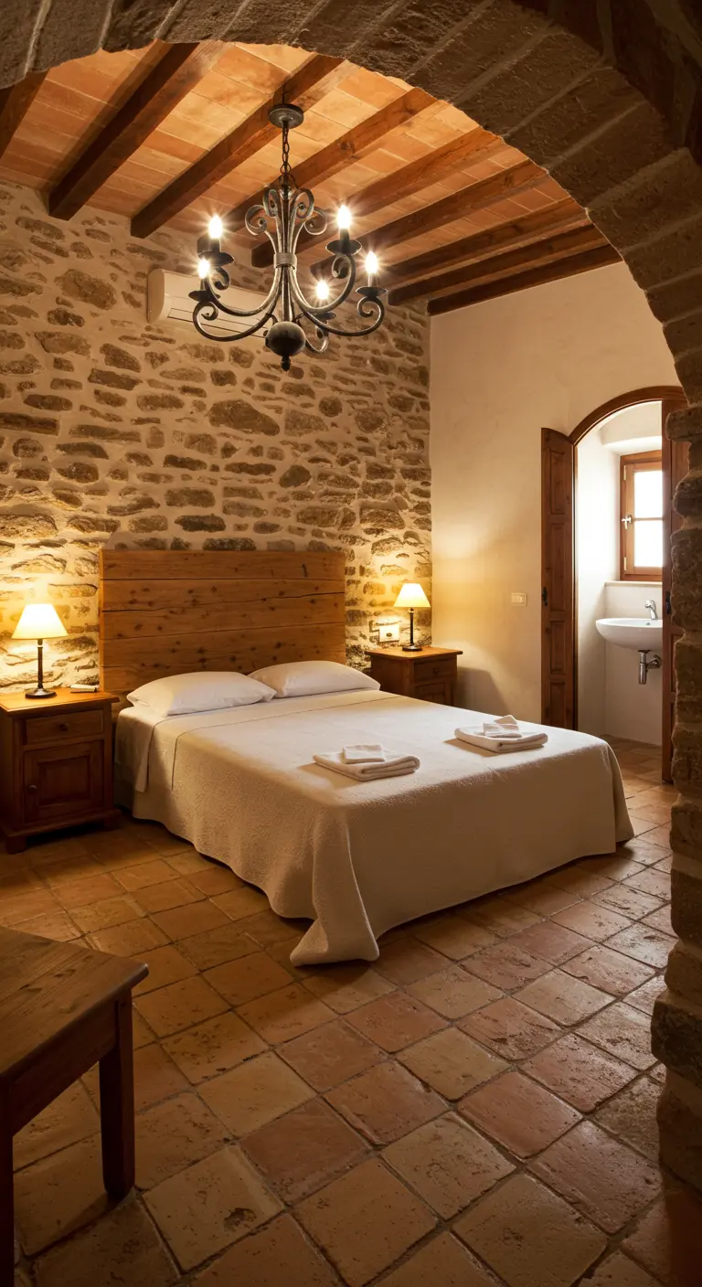Rustic bedroom with an exposed stone wall, wood headboard, and terracotta tile floor.