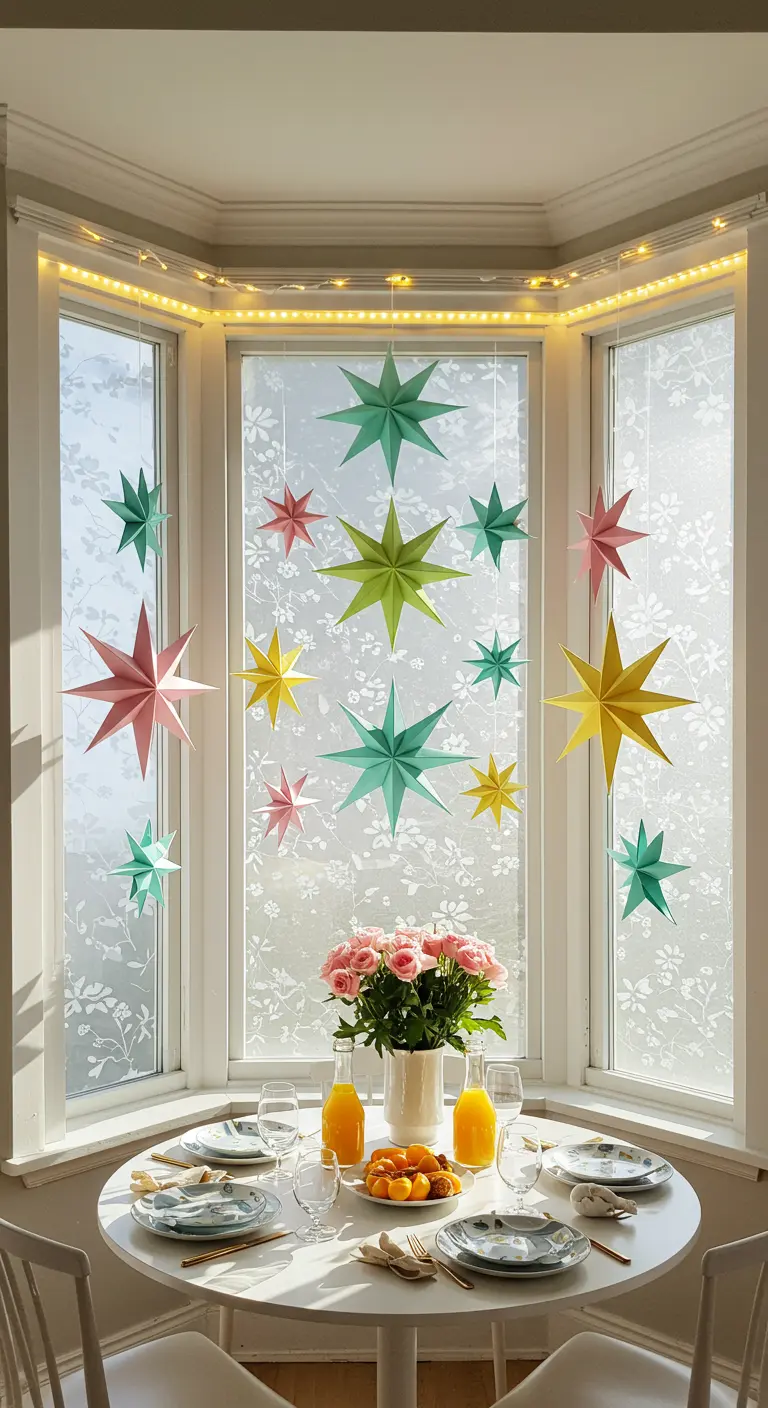 A bright breakfast nook with colorful paper stars hanging in a bay window with frosted floral film.