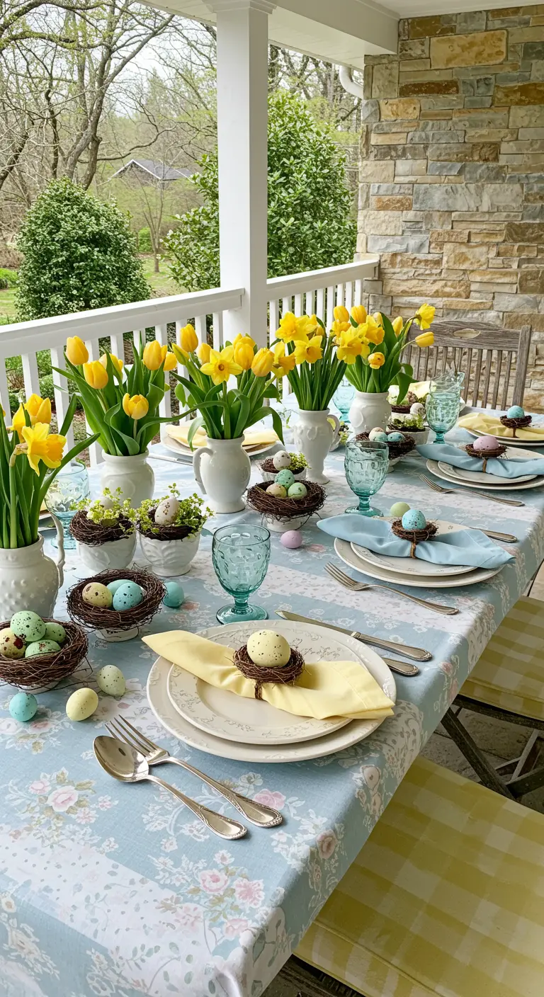 Spring tablescape with yellow tulips, bird's nest napkin rings, and a floral tablecloth.